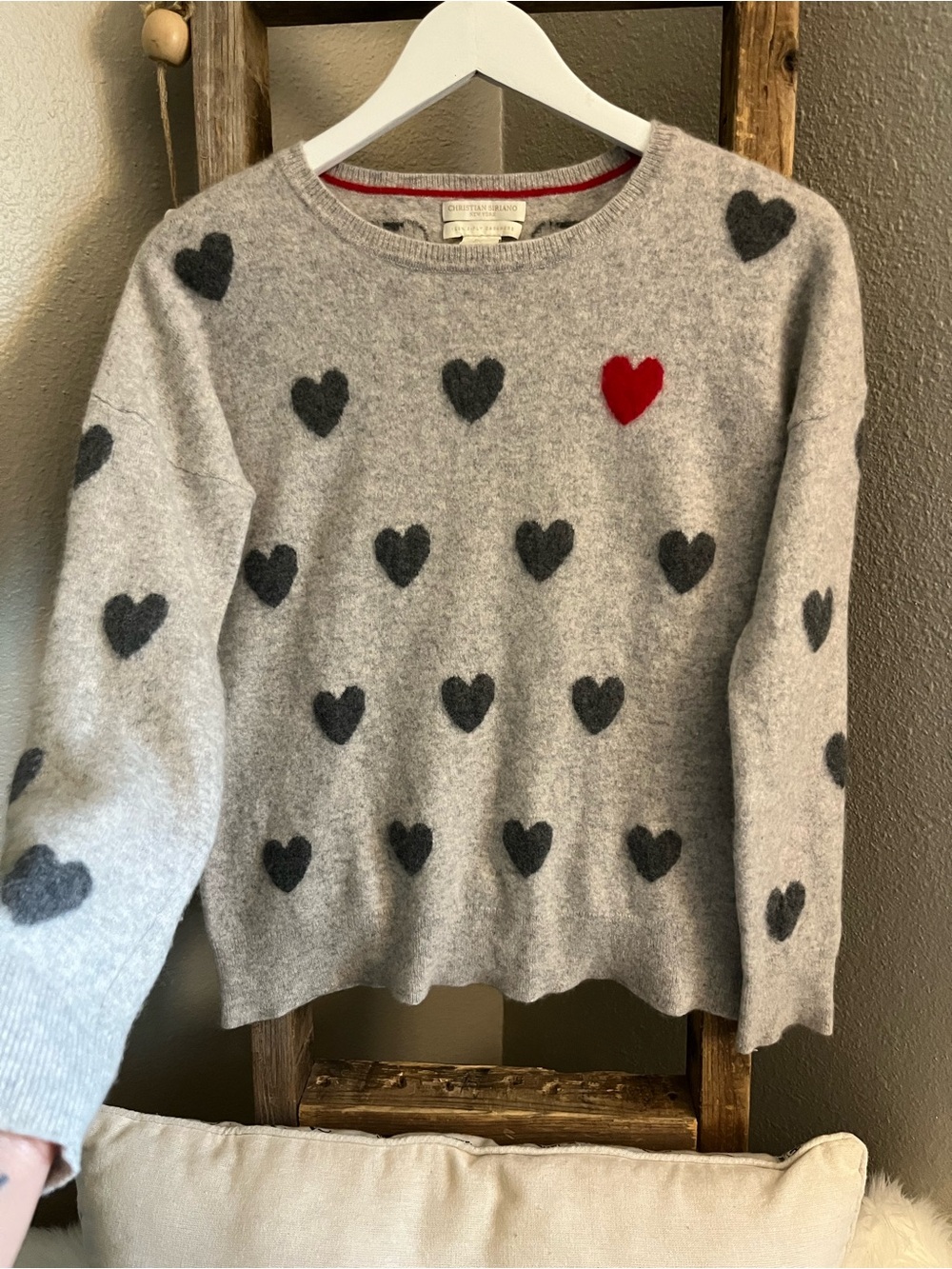 Christian Siriano Light Gray Crewneck Sweater with Black Hearts and Red Accent